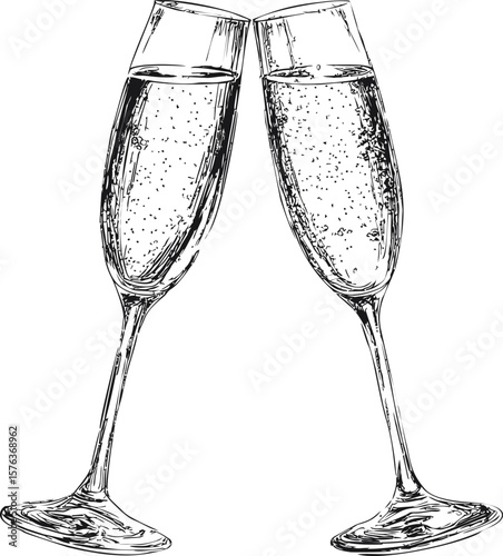 Elegant line drawing of toasting champagne glasses with sparkling liquid. Vector illustration in sketch style