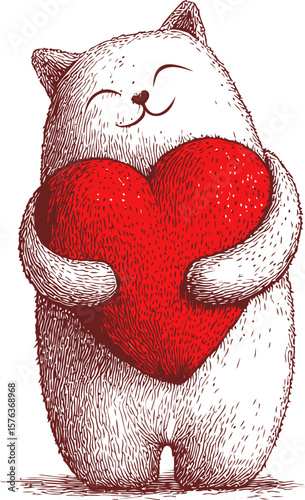 White cat joyfully hugging a big red heart, cute of love concept. Vector sketch illustration