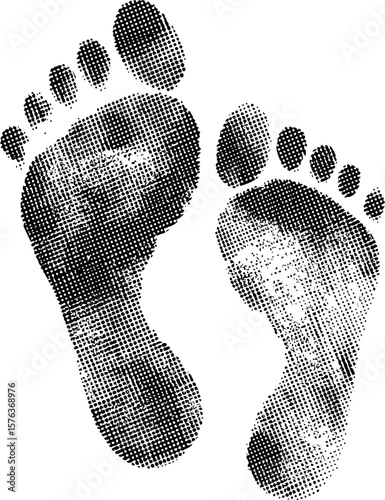 Halftone black and white footprints in pop art style. Vector illustration