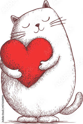 Adorable cat holding a large red heart with eyes closed. Vector sketch illustration