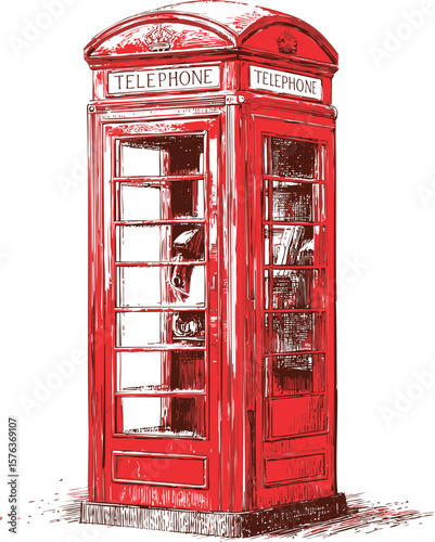 Illustration of a classic red British telephone booth, vintage style. Vector illustration