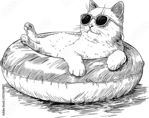 Relaxed cat with sunglasses lounging on inflatable pool float. Vector illustration