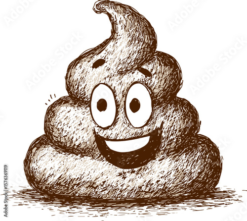 Happy cartoon poop with a smile in sepia tone, hand-drawn style art. Vector illustration