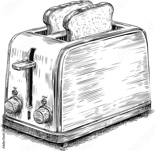 Vintage toaster with two bread slices in a detailed black and white sketch. Vector illustration