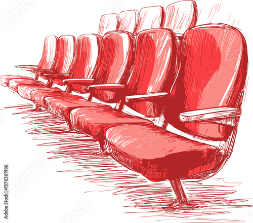 Row of red theater seats sketched in vibrant red hues, digital artwork. Vector illustration