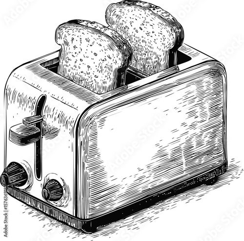 Vintage-style illustration of toaster with two slices of bread in black and white sketch. Vector illustration