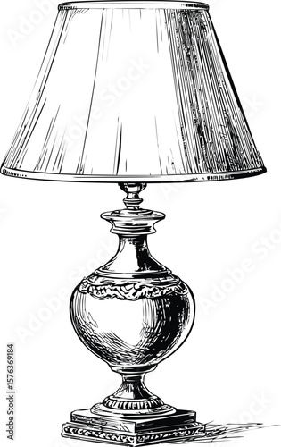 Vintage table lamp illustration in black and white sketch drawing. Vector illustration