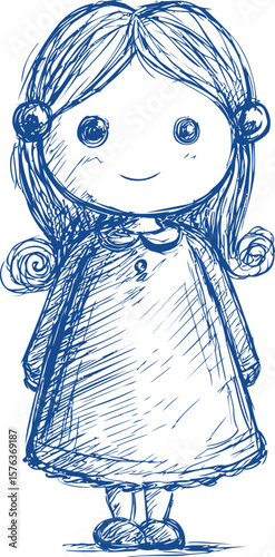Blue ink sketch of a smiling doll with curly hair. Vector illustration