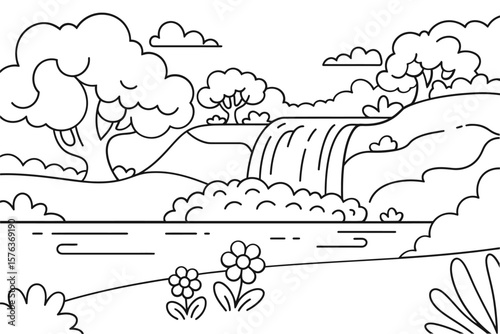 Vector art of a majestic waterfall cascades into a wide river surrounded by lush trees and mountains