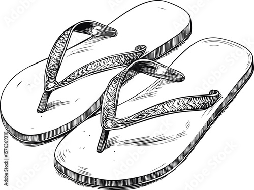 Black and white illustration of detailed flip-flops on a white background. Vector illustration
