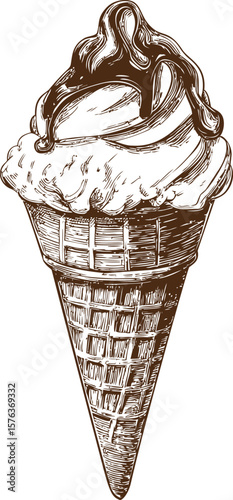 Vintage scoop of ice cream in waffle cone with chocolate topping sketch. Vector illustration