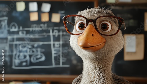 Goose in glasses solving equations in tidy classroom