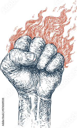 Illustration of a clenched fist with fiery flames in a powerful gesture. Vector illustration