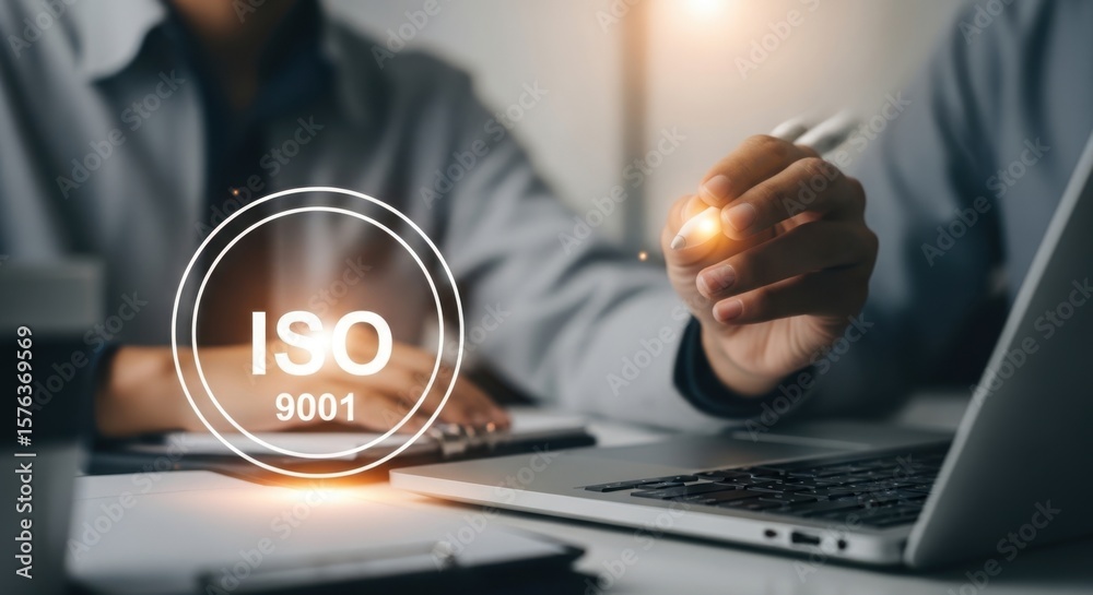 Fototapeta premium A team is working on iso 9001 certification, demonstrating a commitment to quality management systems and process improvement