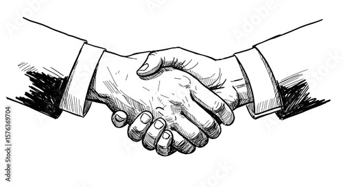 handshake of businessmen sketch ink vintage — black and white doodle vector illustration on business and mutually beneficial cooperation theme

