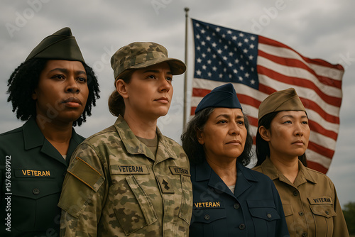 Diverse women veterans standing proud in uniform with american flag