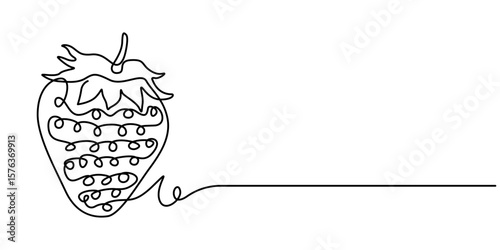 Continuous one line drawing single minimal strawberry, Vector strawberry with one line style and spots, Single continuous line drawing of organic strawberry for fruit icon fresh berries fruitage.    