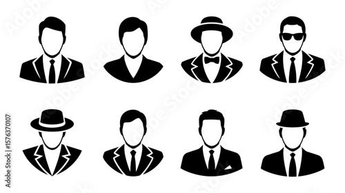 Vector art of a set of distinguished gentleman avatars in formal wear, featuring various hats and accessories