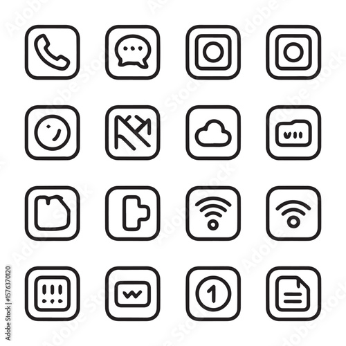 A collection of simple line art icons for mobile applications including communication, media, and file management