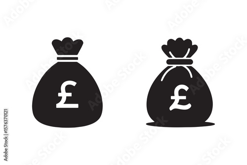 Two black silhouette icons of money bags with british pound sterling symbols on a white background