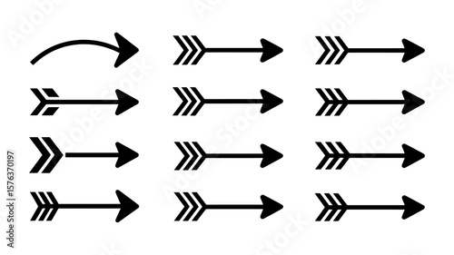 Vector art of a set of straight and curved arrow icons pointing forward, symbolizing direction and forward momentum