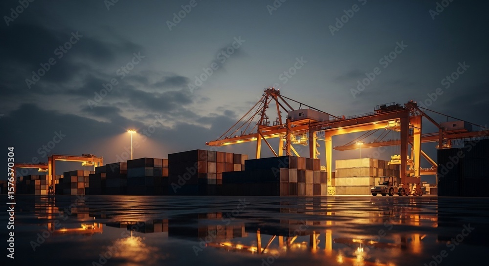 Obraz premium Golden cranes stand guard over shipping containers on a wet and reflective night, ready for logistics.
