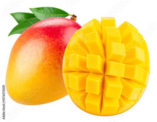  Whole Ripe Mango with Sliced Half and Leaf Cluster, Front-Facing View, Transparent Background