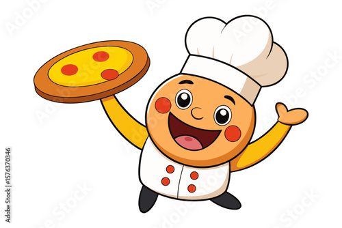 Cheerful Chef with Pizza: A cartoon chef, radiating warmth and culinary expertise, presents a delectable pizza with vibrant toppings, conveying the joy of food and the artistry of cooking.