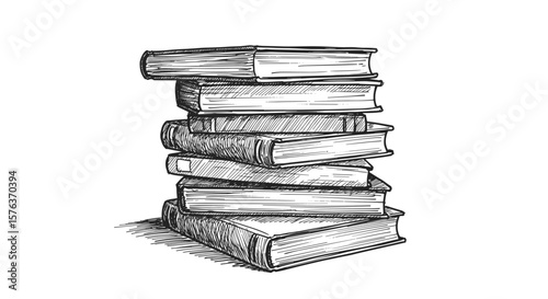 stacked of old books in black and white vintage ink sketch hand-drawn

