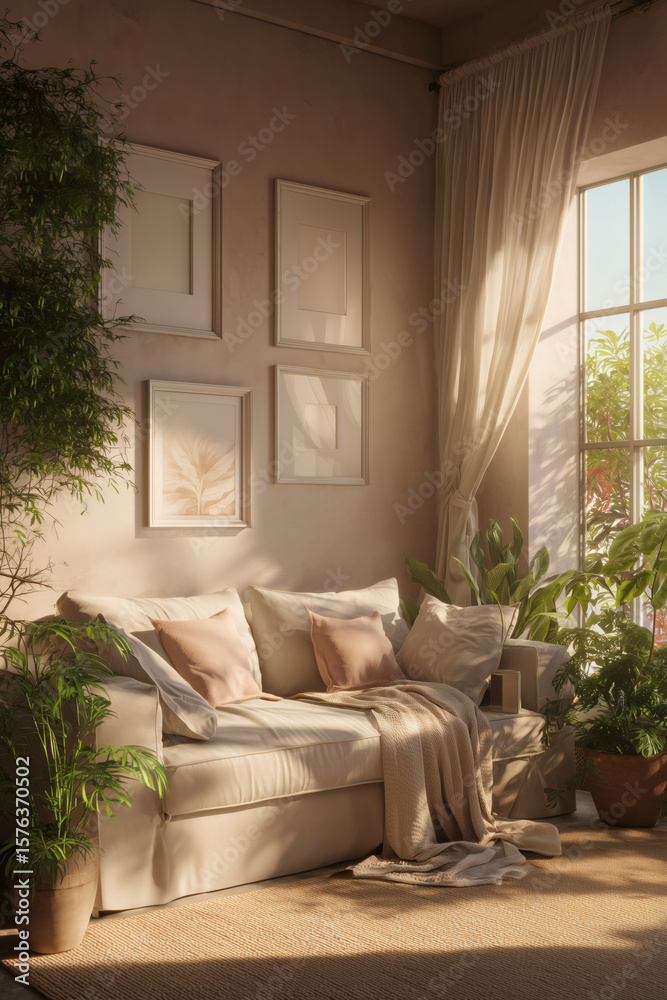 Naklejka premium Serene indoor scene with natural light, plants, sofa, and minimalist wall art; cozy and inviting space.