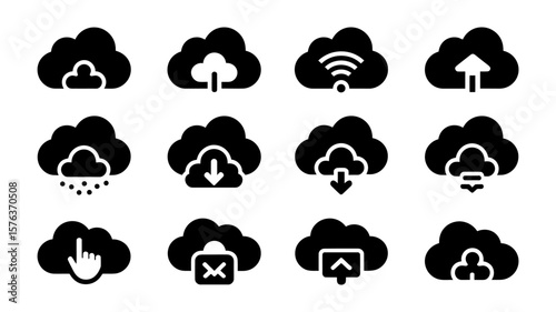 Vector art of a diverse set of twelve black cloud computing icons on a white background