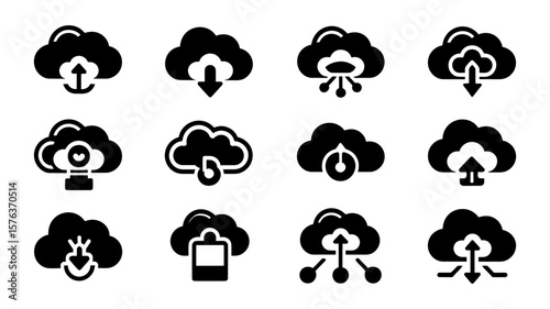 Vector art of a diverse set of twelve black cloud computing icons on a white background