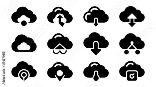 Vector art of a diverse set of twelve black cloud computing icons on a white background