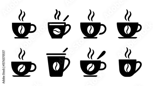 Vector art of a diverse collection of black icons depicting steaming cups of coffee with various designs