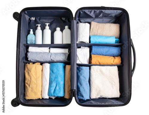  Opened Suitcase with Organized Clothes and Accessories, Top-Down View, Transparent PNG