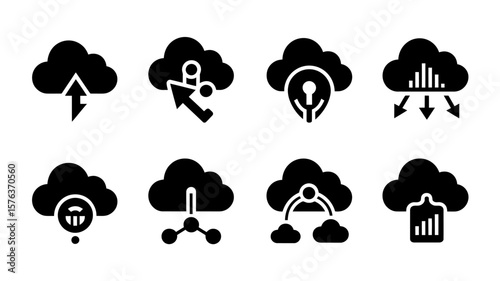 Vector art of collection of cloud computing icons representing data transfer, security, and network connections