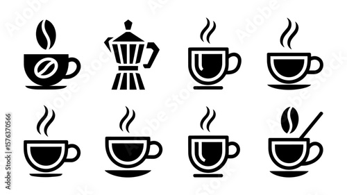 Vector art of a collection of black icons featuring steaming coffee cups and a moka pot for brewing