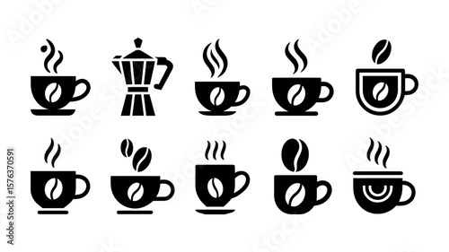 Vector art of a variety of black icons representing steaming coffee cups and a moka pot