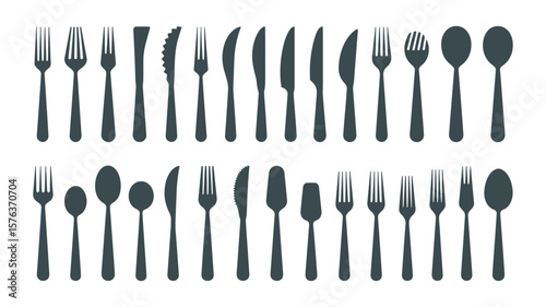 Vector art of two rows of black cutlery silhouettes featuring forks, knives, and spoons on a white background
