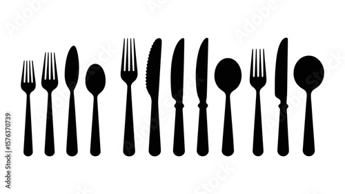 Vector art of a collection of black cutlery silhouettes including forks, knives, and spoons arranged in a row