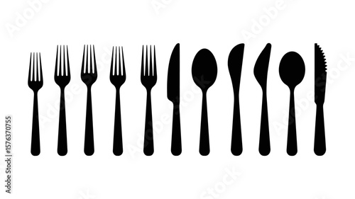 Vector art of a line of black cutlery silhouettes showcasing forks, knives, and spoons on a white background