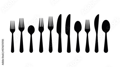 Vector art of an array of black cutlery silhouettes featuring forks, knives, and spoons against a white backdrop