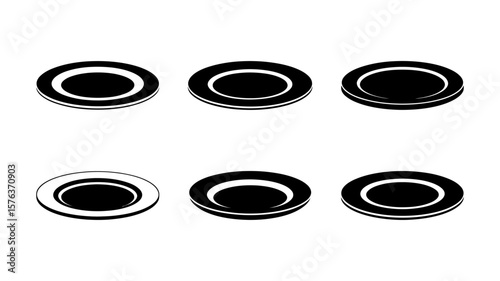 Vector art of six black silhouette plates with distinct rim details are shown from a slightly elevated perspective