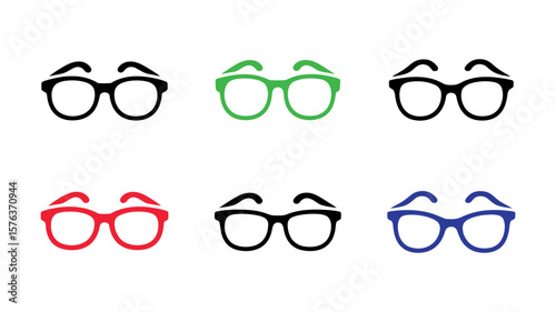 Vector art of six pairs of stylish eyeglasses in black, red, green, and blue