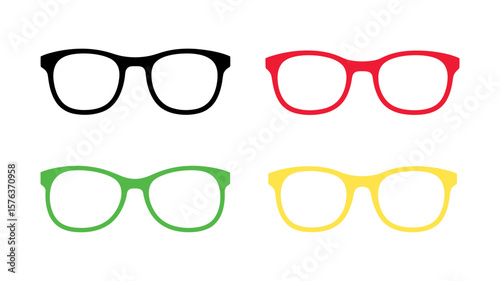 Vector art of four pairs of colorful eyeglasses in black, red, green, and yellow