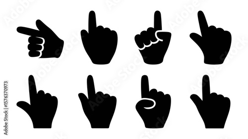 Vector art of a collection of eight black hand cursor icons pointing in various directions