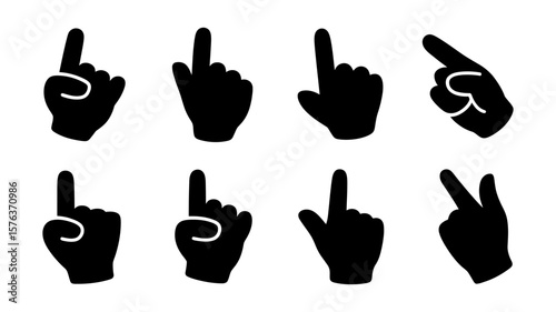 Vector art of a set of eight black hand cursor icons showing various pointing gestures