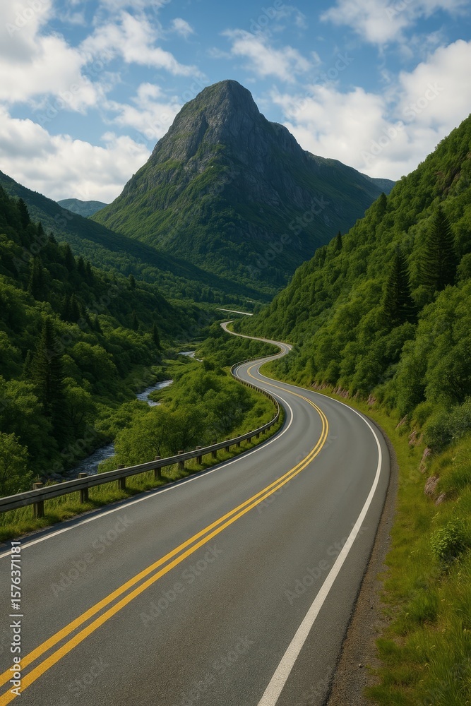 Fototapeta premium A winding paved road curves through a lush green valley with a river and a large mountain peak under a cloudy sky