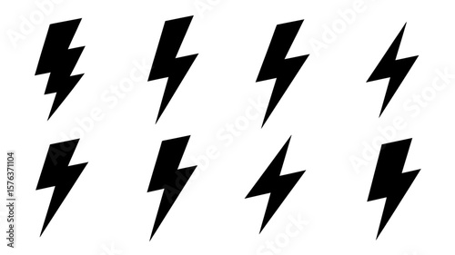 Vector art of a collection of eight black lightning bolt icons on a white background