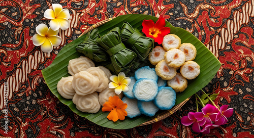 A captivating still life presents traditional Indonesian cakes, featuring getuk lindri and kue bugis on a banana leaf with batik backdrop.